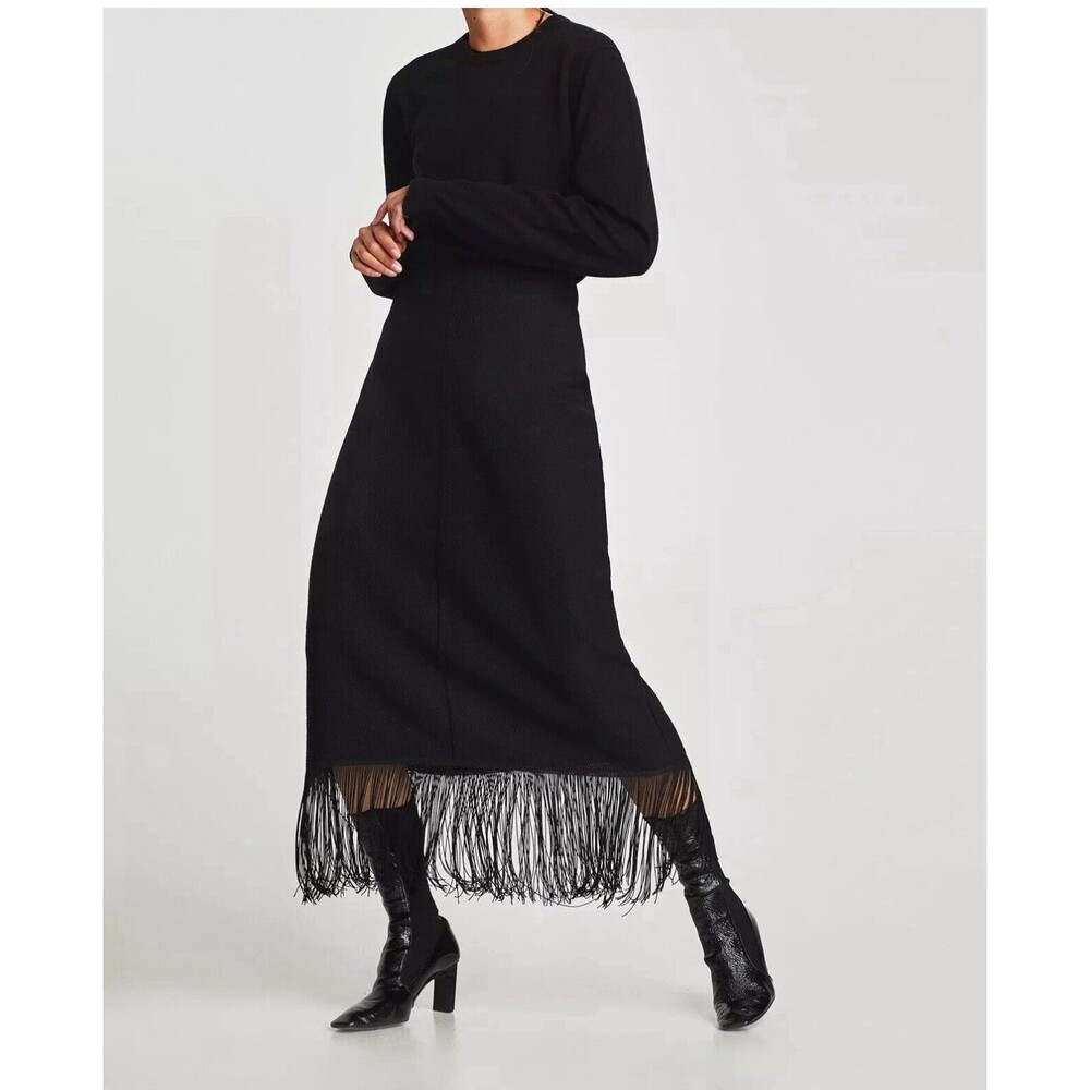 Zara Midi Skirt Womens Small Fringe Black Elastic Waist Pull On Cotton